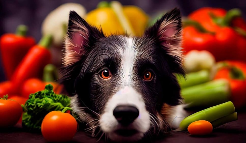 Retrato de border collie con verduras coloridas al fondo